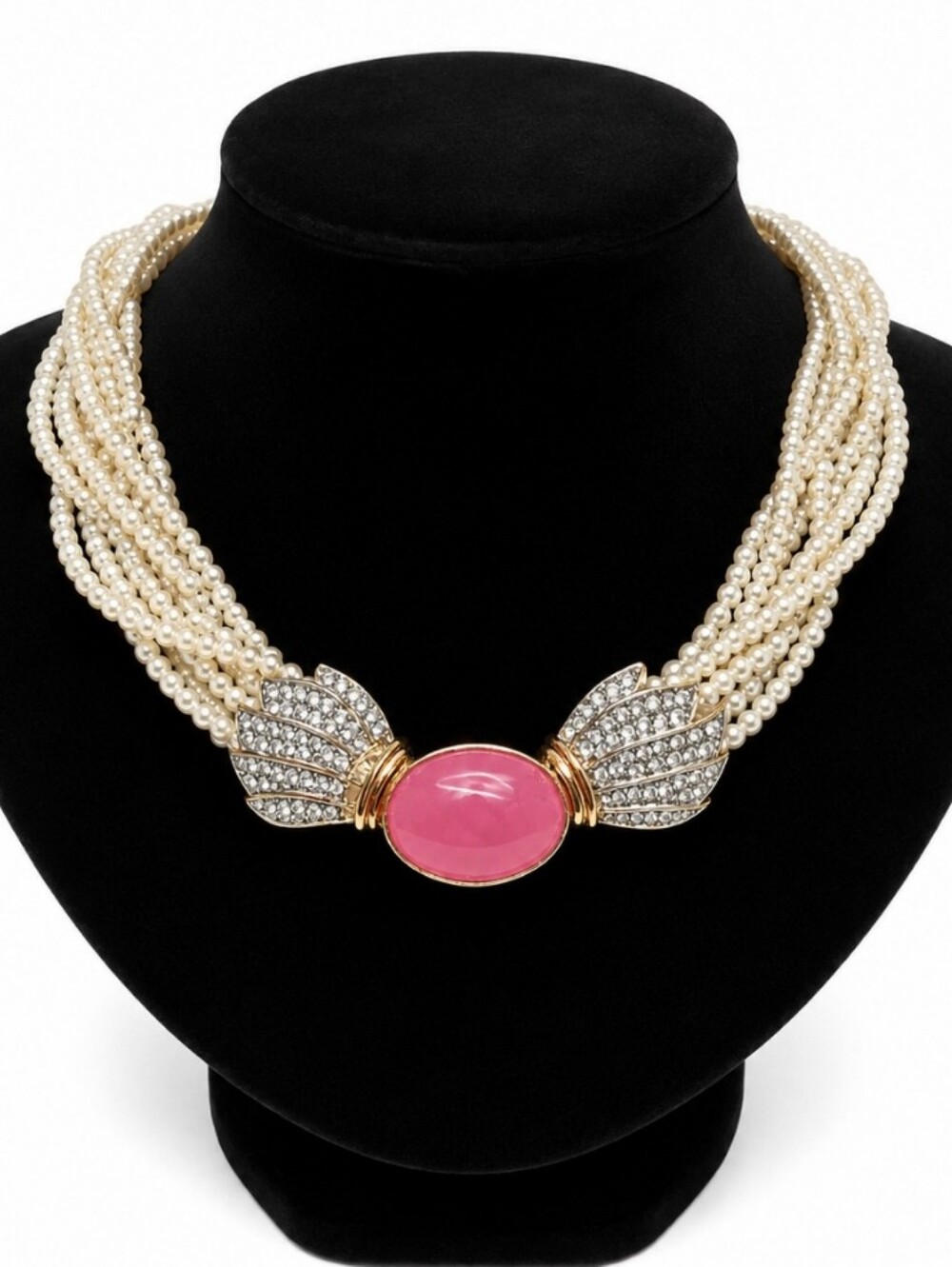 Butler Pink Cabochon & Faux Pearl Statement Necklace Rhinestone Leaf Design